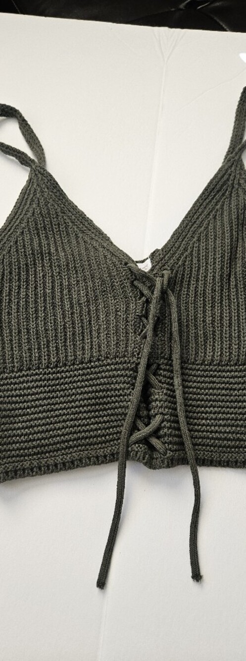 Zara Olive Green Ribbed Lace-Up V-Neck Sweater